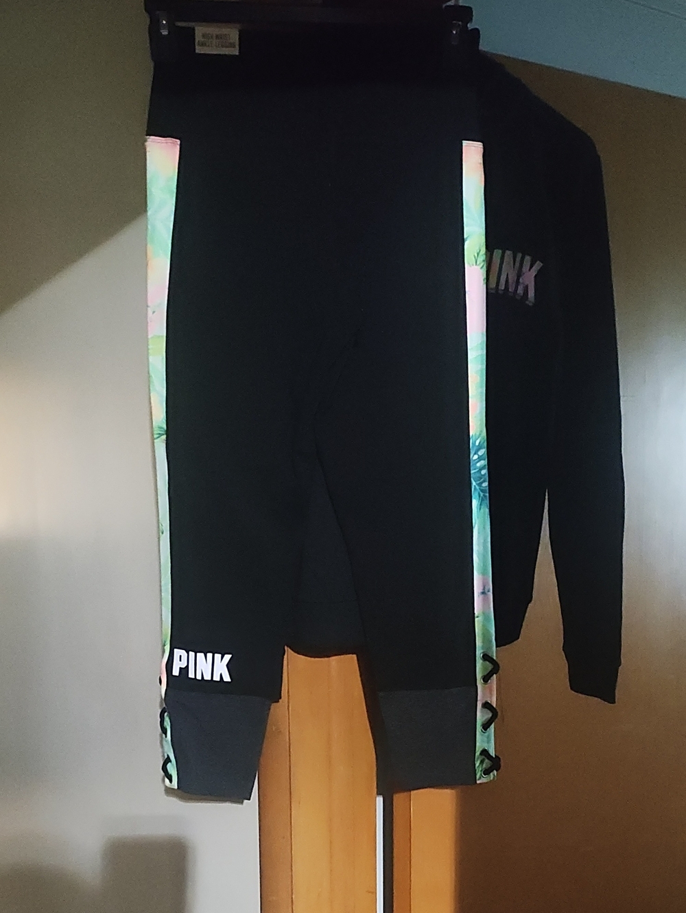 Victoria's Secret PINK Black Leggings with Pastel Tropical Side Stripes